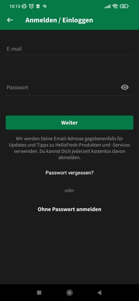 HelloFresh Login App Passwort